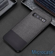 Microcase Samsung Galaxy S10 Fabrik Serisi Kumaş ve Deri Desen Kılıf - Siyah