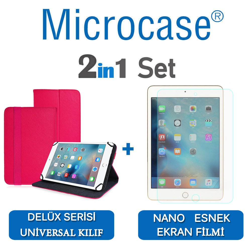 Microcase iPad Mini 4 Delüx Serisi Universal Standlı Deri Kılıf - Pembe + Nano Esnek Ekran Koruma Filmi