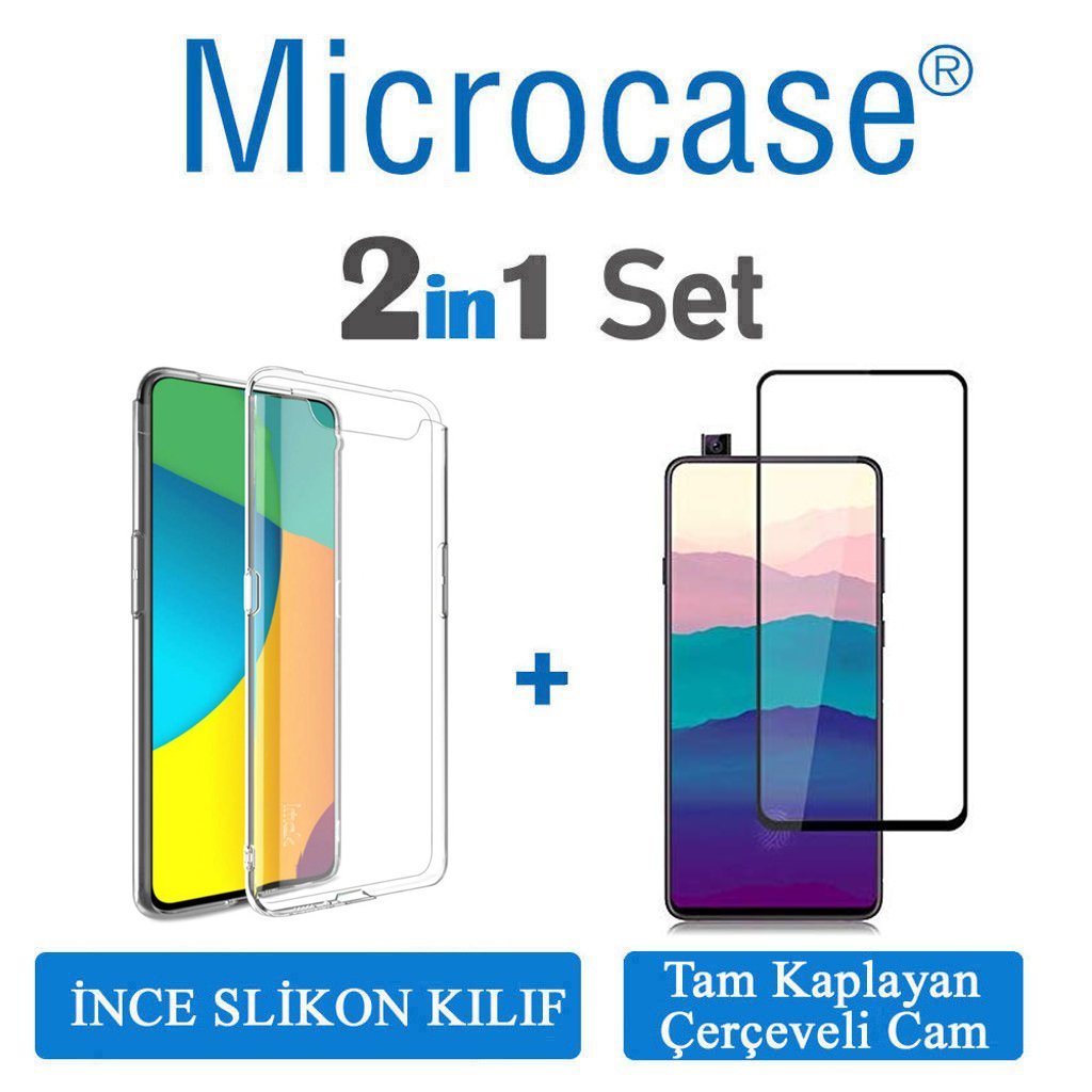 Microcase Samsung Galaxy A90 Ultra İnce 0.2 mm Soft Silikon Kılıf + Tam Kaplayan Çerçeveli Cam