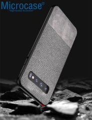 Microcase Samsung Galaxy S10 Fabrik Serisi Kumaş ve Deri Desen Kılıf - Gri