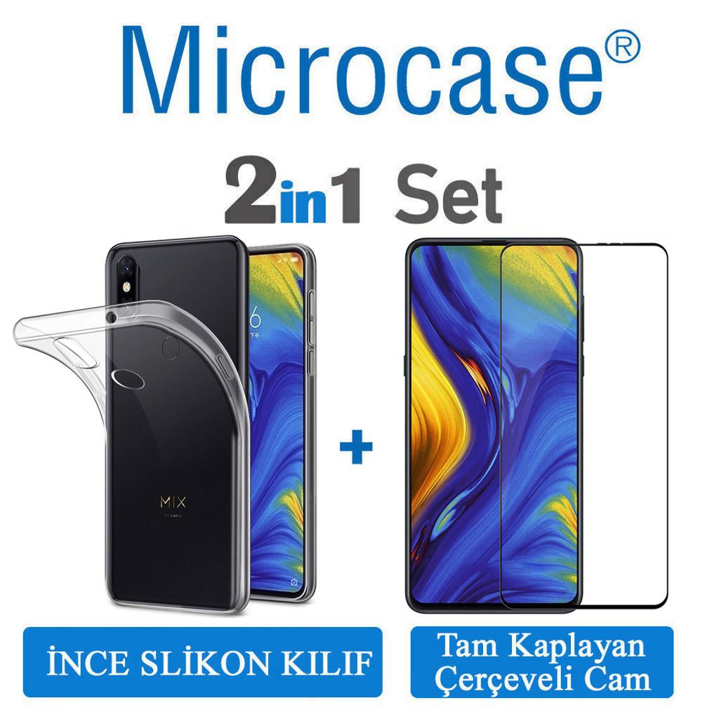 Xiaomi Mi Mix 3 0.2 mm İnce Silikon Kılıf + Tam Kaplayan Cam