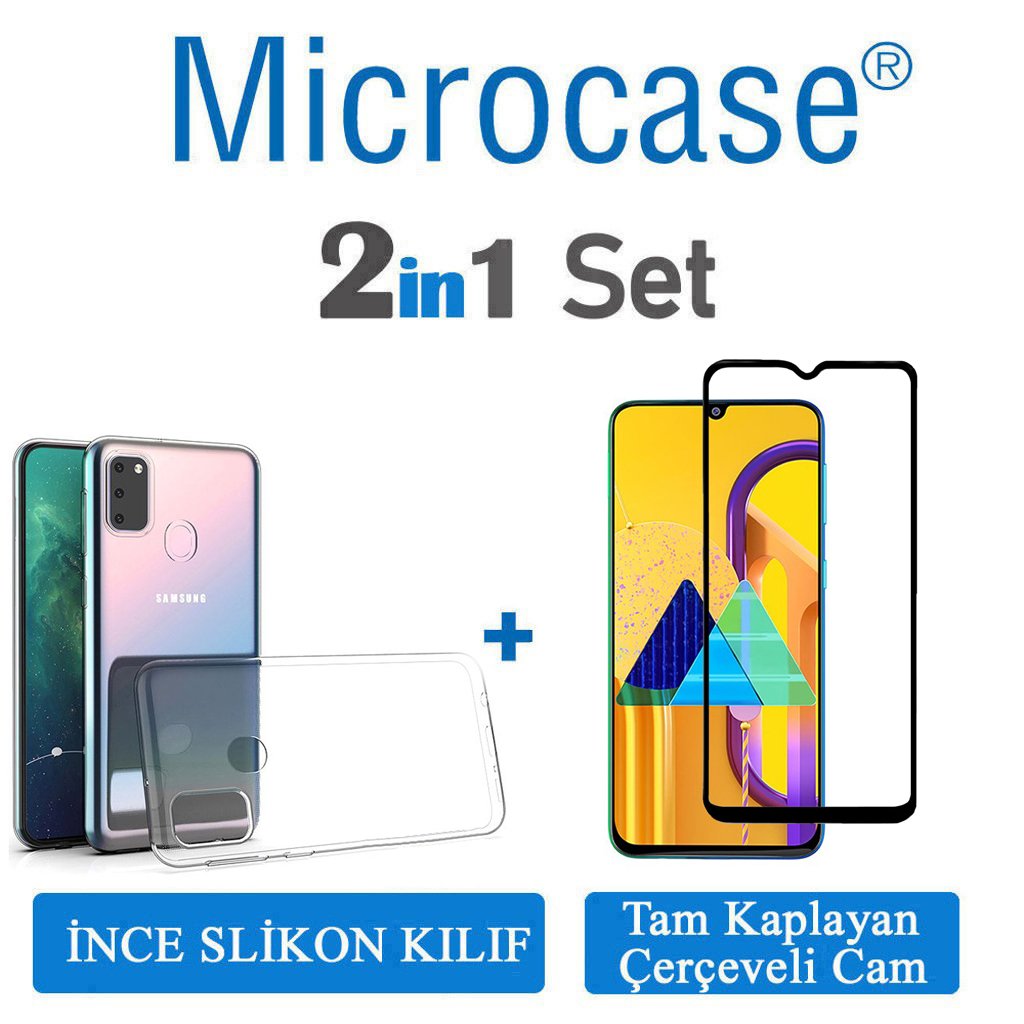 Microcase Samsung Galaxy M30s Ultra İnce 0.2 mm Soft Silikon Kılıf + Tam Kaplayan Çerçeveli Cam