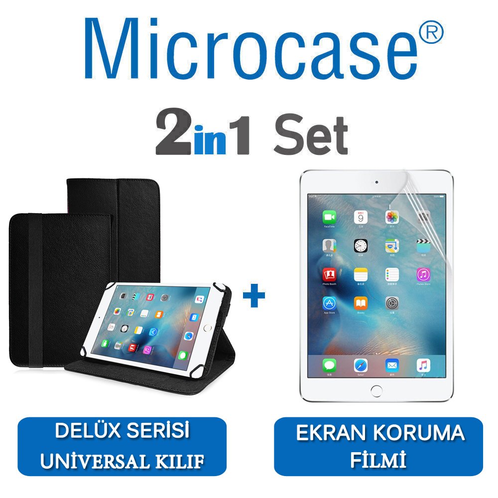 Microcase iPad Mini 4 Delüx Serisi Universal Standlı Deri Kılıf - Siyah + Ekran Koruma Filmi