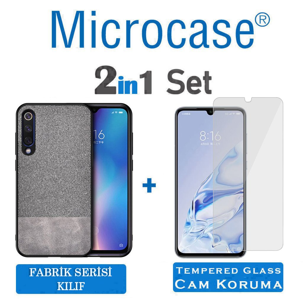 Microcase Xiaomi Mi 9 Pro Fabrik Serisi Kumaş ve Deri Desen Kılıf - Gri + Tempered Glass Cam Koruma