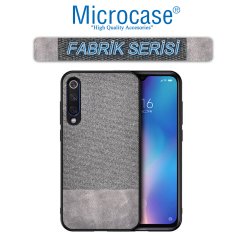 Microcase Xiaomi Mi 9 Pro Fabrik Serisi Kumaş ve Deri Desen Kılıf - Gri + Tempered Glass Cam Koruma