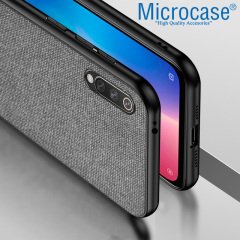 Microcase Xiaomi Mi 9 Pro Fabrik Serisi Kumaş ve Deri Desen Kılıf - Gri + Tempered Glass Cam Koruma