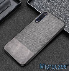 Microcase Xiaomi Mi 9 Pro Fabrik Serisi Kumaş ve Deri Desen Kılıf - Gri + Tempered Glass Cam Koruma