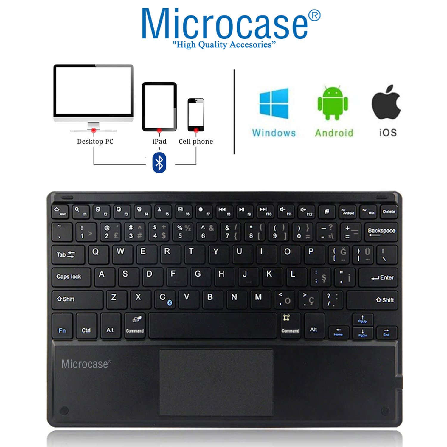 Microcase Tablet ve Telefonlar Için Şarjlı Touchpadli Türkçe Bluetooth Klavye 25 cm - AL2746 Siyah