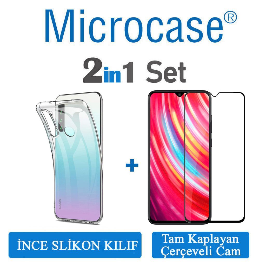 Microcase Xiaomi Redmi Note 8 Ultra İnce 0.2 mm Soft Silikon Kılıf + Tam Kaplayan Çerçeveli Cam