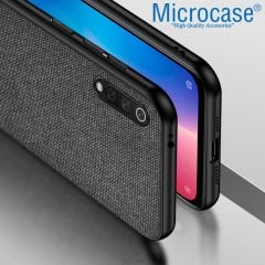 Microcase Xiaomi Mi 9 Pro Fabrik Serisi Kumaş ve Deri Desen Kılıf - Siyah