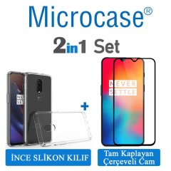 Oneplus 6T 0.2 mm İnce Silikon Kılıf + Tam Kaplayan Cam