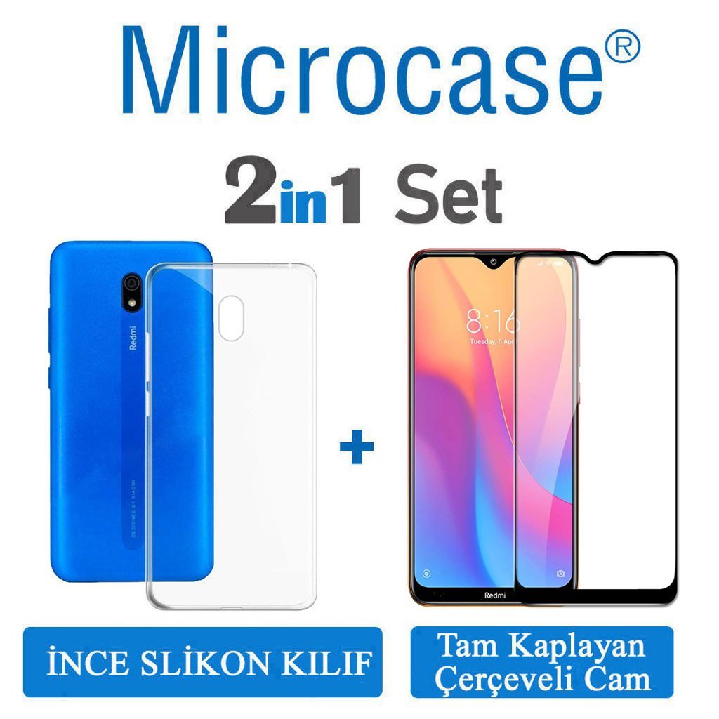 Microcase Xiaomi Redmi 8A Ultra İnce 0.2 mm Soft Silikon Kılıf + Tam Kaplayan Çerçeveli Cam