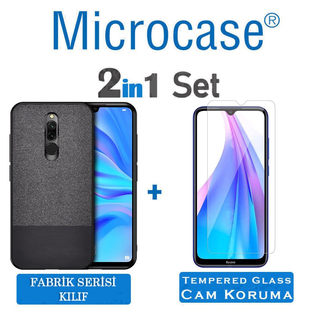 Microcase Xiaomi Redmi 8 Fabrik Serisi Kumaş ve Deri Desen Kılıf - Siyah + Tempered Glass Cam Koruma