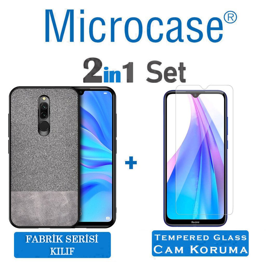 Microcase Xiaomi Redmi 8 Fabrik Serisi Kumaş ve Deri Desen Kılıf - Gri + Tempered Glass Cam Koruma