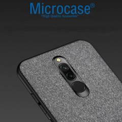 Microcase Xiaomi Redmi 8 Fabrik Serisi Kumaş ve Deri Desen Kılıf - Gri + Tempered Glass Cam Koruma