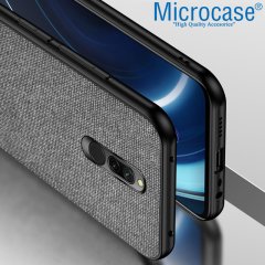 Microcase Xiaomi Redmi 8 Fabrik Serisi Kumaş ve Deri Desen Kılıf - Gri + Tempered Glass Cam Koruma