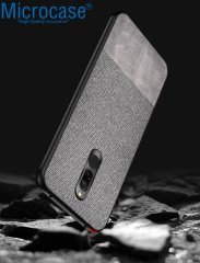 Microcase Xiaomi Redmi 8 Fabrik Serisi Kumaş ve Deri Desen Kılıf - Gri + Tempered Glass Cam Koruma