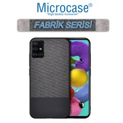 Microcase Samsung Galaxy A51 Fabrik Serisi Kumaş ve Deri Desen Kılıf - Siyah + Tempered Glass Cam Koruma