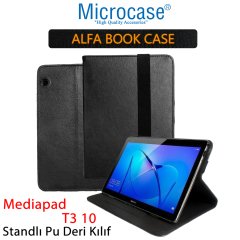 Microcase Huawei Mediapad T3 10 9.6 inch Alfa Book Case PU Deri Standlı Kılıf - Siyah + Nano Esnek Ekran Koruma Filmi