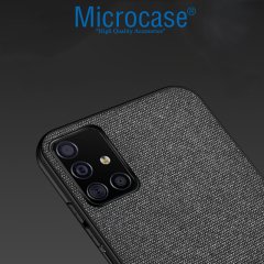 Microcase Samsung Galaxy A51 Fabrik Serisi Kumaş ve Deri Desen Kılıf - Siyah + Tempered Glass Cam Koruma