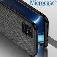 Microcase Samsung Galaxy A51 Fabrik Serisi Kumaş ve Deri Desen Kılıf - Siyah + Tempered Glass Cam Koruma