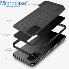 Microcase Samsung Galaxy A51 Fabrik Serisi Kumaş ve Deri Desen Kılıf - Siyah + Tempered Glass Cam Koruma