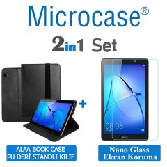 Microcase Huawei Mediapad T3 10 9.6 inch Alfa Book Case PU Deri Standlı Kılıf - Siyah + Nano Esnek Ekran Koruma Filmi