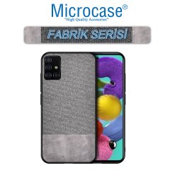 Microcase Samsung Galaxy A51 Fabrik Serisi Kumaş ve Deri Desen Kılıf - Gri + Tempered Glass Cam Koruma