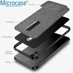 Microcase Xiaomi Redmi 8 Fabrik Serisi Kumaş ve Deri Desen Kılıf - Gri
