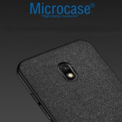 Microcase Xiaomi Redmi 8A Fabrik Serisi Kumaş ve Deri Desen Kılıf - Siyah + Tempered Glass Cam Koruma