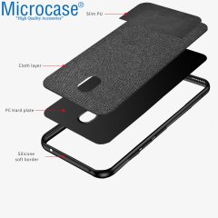 Microcase Xiaomi Redmi 8A Fabrik Serisi Kumaş ve Deri Desen Kılıf - Siyah + Tempered Glass Cam Koruma