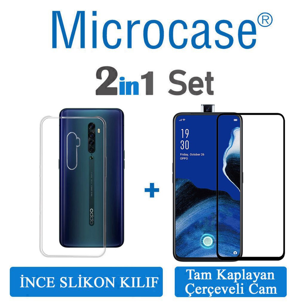 Microcase Oppo Reno 2Z Ultra İnce 0.2 mm Soft Silikon Kılıf + Tam Kaplayan Çerçeveli Cam