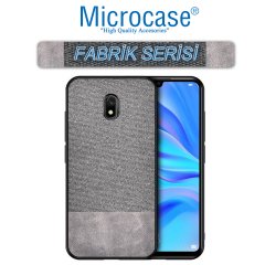 Microcase Xiaomi Redmi 8A Fabrik Serisi Kumaş ve Deri Desen Kılıf - Gri + Tempered Glass Cam Koruma