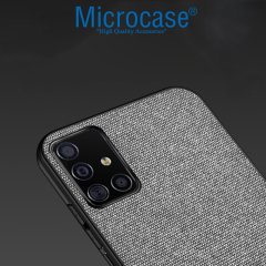 Microcase Samsung Galaxy A51 Fabrik Serisi Kumaş ve Deri Desen Kılıf - Gri