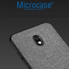 Microcase Xiaomi Redmi 8A Fabrik Serisi Kumaş ve Deri Desen Kılıf - Gri + Tempered Glass Cam Koruma