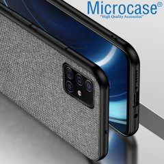 Microcase Samsung Galaxy A51 Fabrik Serisi Kumaş ve Deri Desen Kılıf - Gri