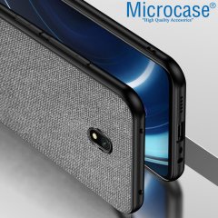 Microcase Xiaomi Redmi 8A Fabrik Serisi Kumaş ve Deri Desen Kılıf - Gri + Tempered Glass Cam Koruma