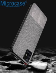 Microcase Samsung Galaxy A51 Fabrik Serisi Kumaş ve Deri Desen Kılıf - Gri