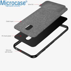 Microcase Xiaomi Redmi 8A Fabrik Serisi Kumaş ve Deri Desen Kılıf - Gri + Tempered Glass Cam Koruma
