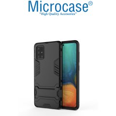 Microcase Samsung Galaxy A71 Alfa Armor Standlı Perfect Koruma Kılıf Siyah + Tempered Glass Cam