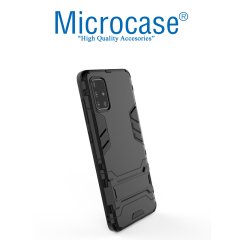 Microcase Samsung Galaxy A71 Alfa Armor Standlı Perfect Koruma Kılıf Siyah + Tempered Glass Cam