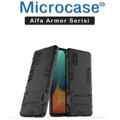 Microcase Samsung Galaxy A71 Alfa Armor Standlı Perfect Koruma Kılıf Siyah + Tempered Glass Cam