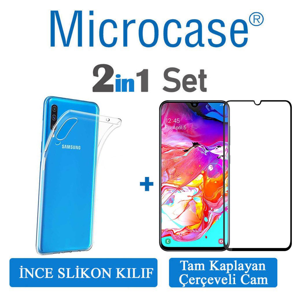 Samsung Galaxy A70 0.2 mm İnce Silikon Kılıf + Tam Kaplayan Cam