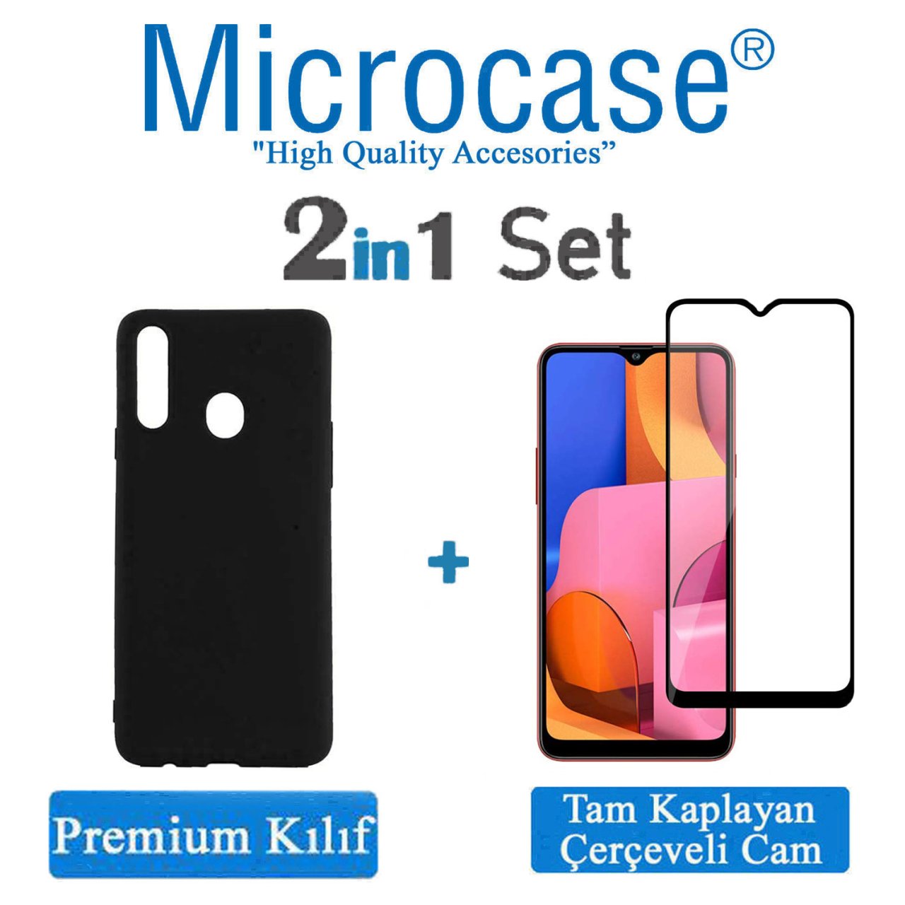 Microcase Samsung Galaxy A20s Premium Matte Silikon Kılıf - Siyah + Tam Kaplayan Çerçeveli Cam