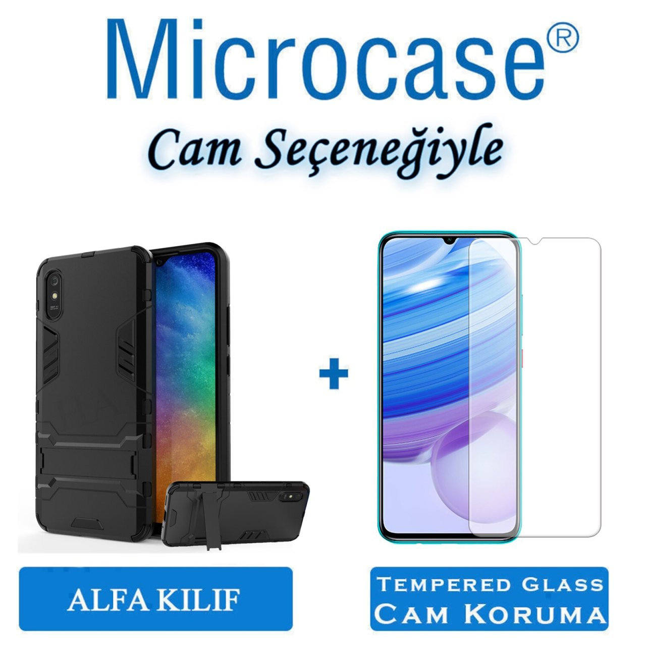 Microcase Xiaomi Redmi 9A Alfa Armor Standlı Perfect Koruma Kılıf Siyah + Tempered Glass Cam Koruma