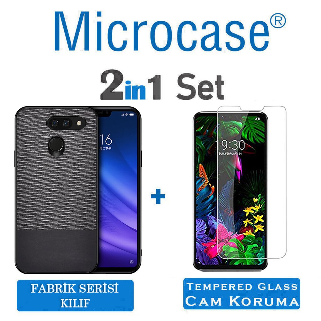 Microcase LG G8 ThinQ Fabrik Serisi Kumaş ve Deri Desen Kılıf - Siyah + Tempered Glass Cam Koruma