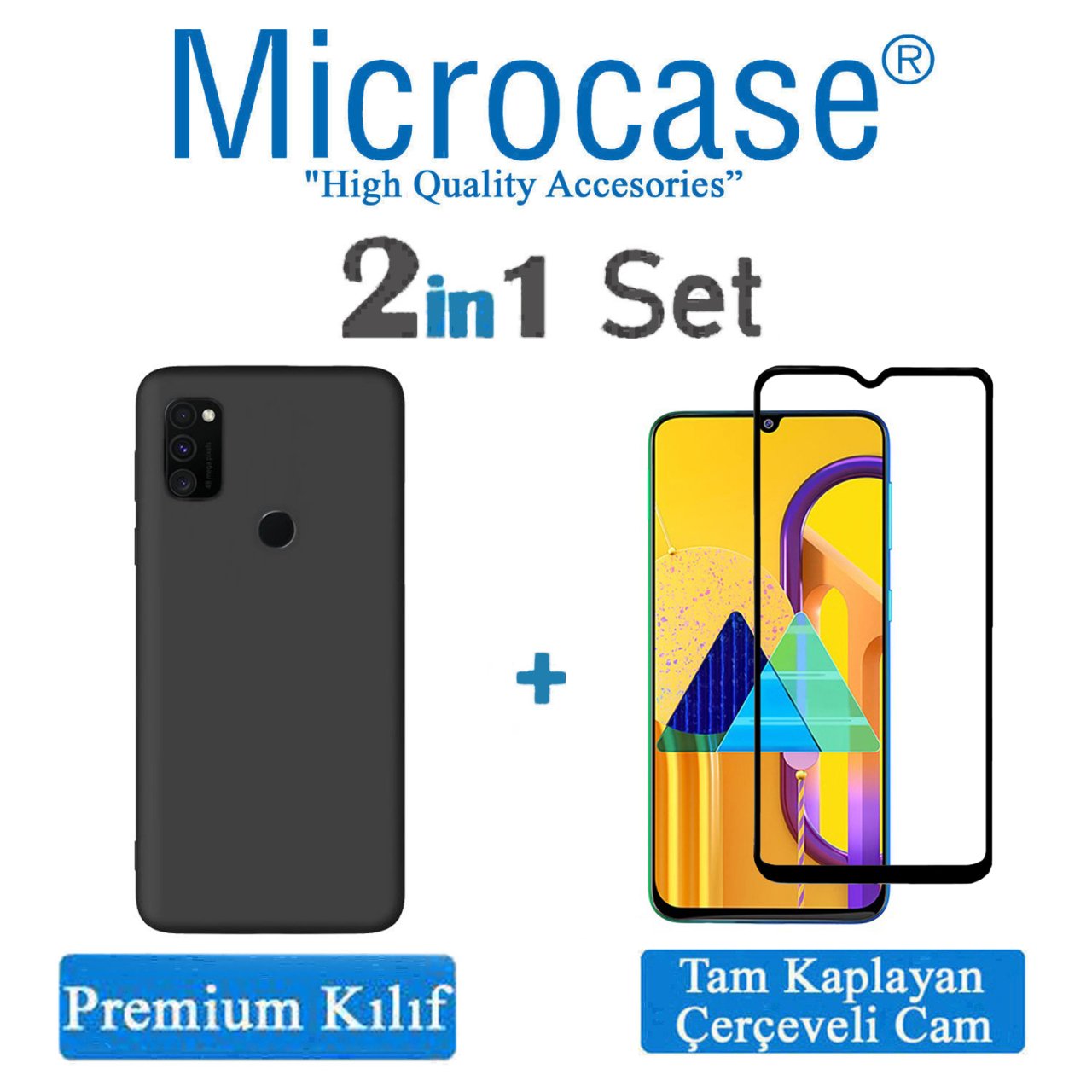 Microcase Samsung Galaxy M30s Premium Matte Silikon Kılıf - Siyah + Tam Kaplayan Çerçeveli Cam