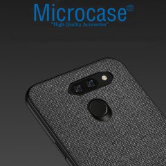 Microcase LG G8 ThinQ Fabrik Serisi Kumaş ve Deri Desen Kılıf - Siyah + Tempered Glass Cam Koruma