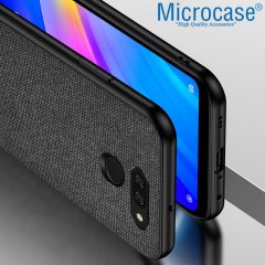 Microcase LG G8 ThinQ Fabrik Serisi Kumaş ve Deri Desen Kılıf - Siyah + Tempered Glass Cam Koruma