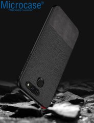 Microcase LG G8 ThinQ Fabrik Serisi Kumaş ve Deri Desen Kılıf - Siyah + Tempered Glass Cam Koruma